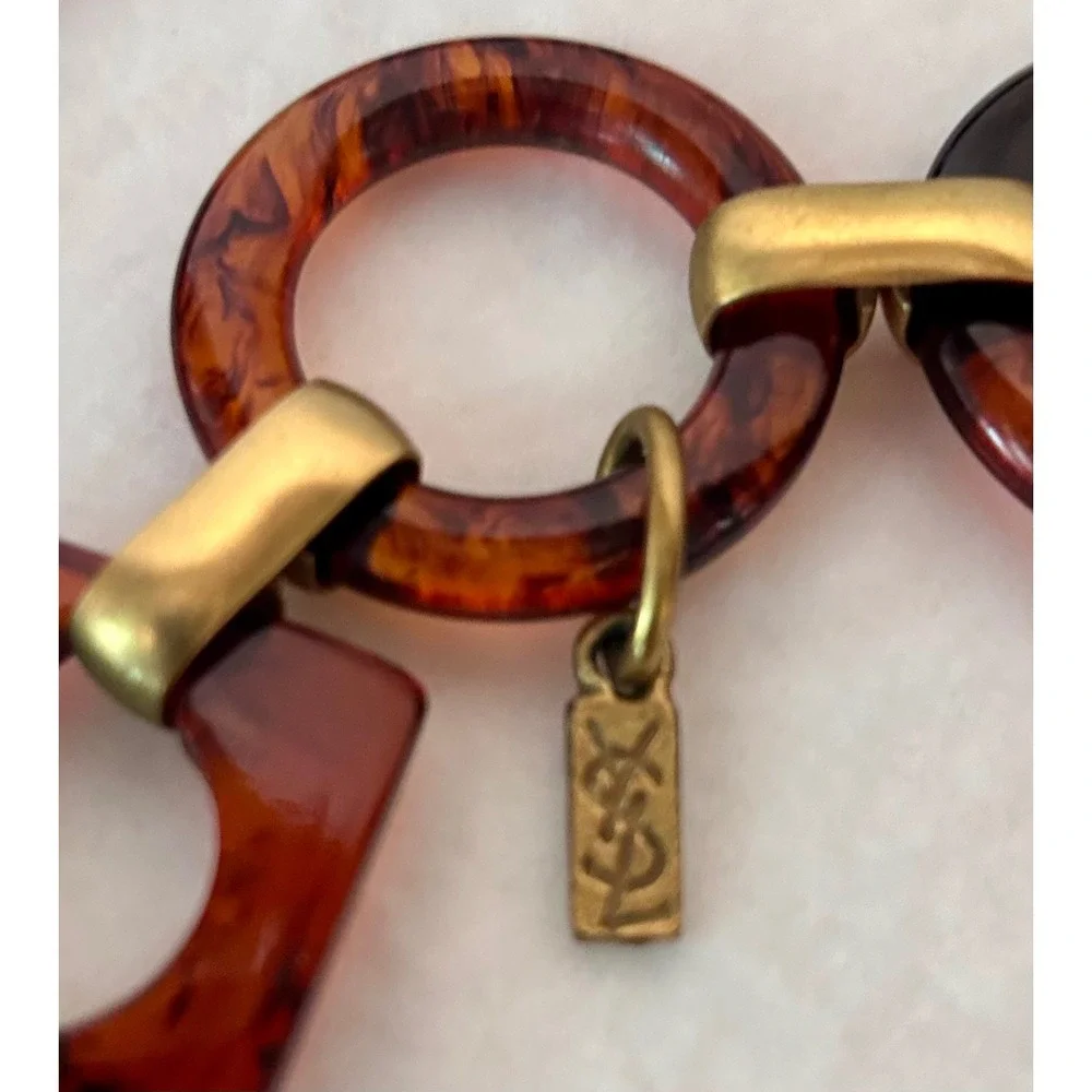 Vintage YSL Yves Saint Laurent Tortoise Resin Geometric Link Chain Belt Gold